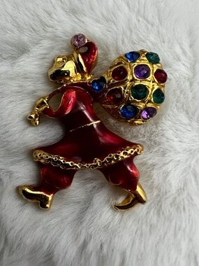 Vintage Enamel Santa Claus Rhinestone Toy Sack Christmas Brooch